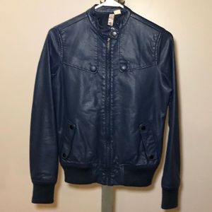Blue faux leather jacket.